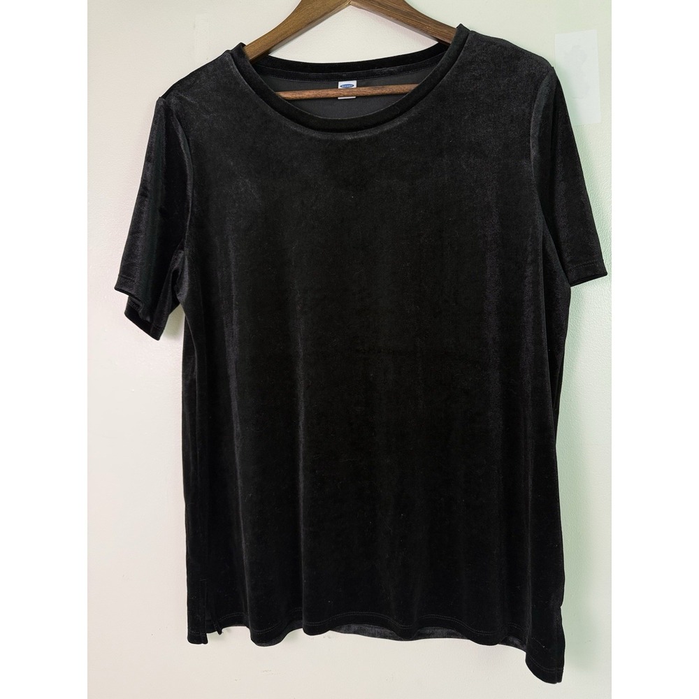 Old‎ Navy Velvet Top Large Black Stretch Tee Short Sleeve Y2K Soft Goth Chic